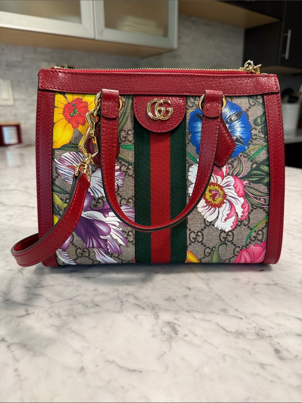 Gucci Red Floral GG Web Stripe Mini Satchel